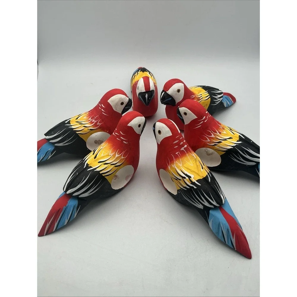 Vintage Wood Parrot Napkin Rings Hand Carved Painted Tropical Tiki Set 6